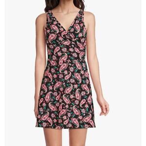 Lands End Womens Tummy Control Surplice Wrap Swim Dress Paisley Size 24W Modest